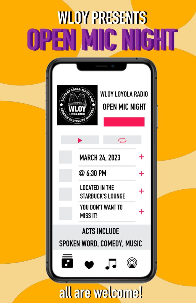 An advertising graphic for an open mic event at school