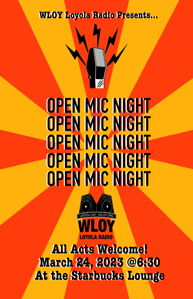 An advertising graphic for an open mic event at school